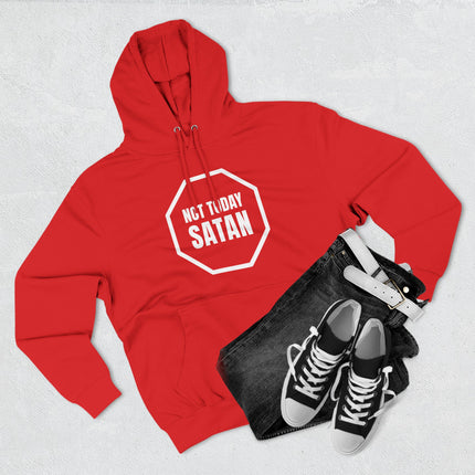 Red graphic hoodie featuring the "Not Today Satan" anti-devil stop sign design. Unisex pullover apparel.