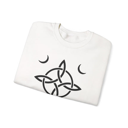 Witch's Knot Moon Goddess graphic on unisex pagan witchcraft sweatshirt pullover.
