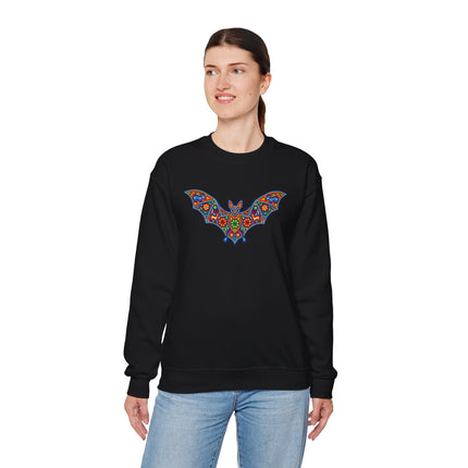 Vibrant Mexican folk art bat graphic on a black pullover sweatshirt.