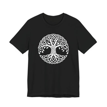 Celtic Tree of Life Yggdrasil world tree graphic on a black t-shirt.
