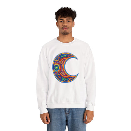 Huichol-inspired celestial crescent moon art on a white pullover sweatshirt.
