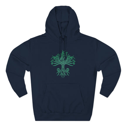Green Celtic Tree of Life graphic on a dark blue spiritual hoodie.