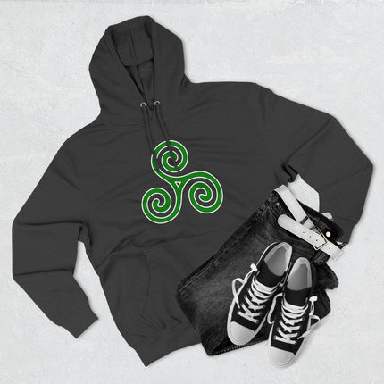 Green Celtic Triskelion spiral symbol printed on a black pullover hoodie.