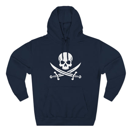 Jolly Roger skull and crossed swords pirate graphic design on a navy hoodie.