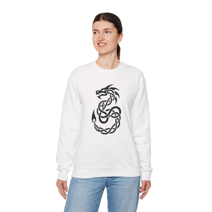 Celtic dragon knotwork graphic on a white unisex pullover sweatshirt.
