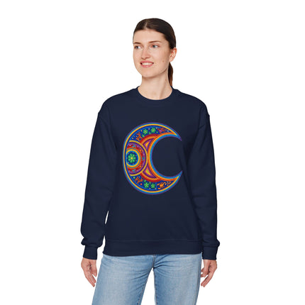 Vibrant mandala crescent moon art on a dark blue pullover sweatshirt.