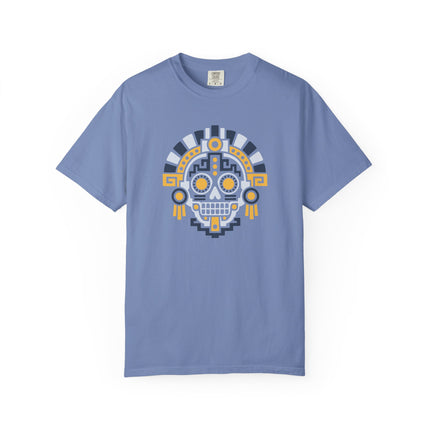 Aztec Mictlan Skull T-Shirt | Geometric Face in Green, Red, and Gold Tee
