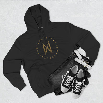 Black hoodie displaying the gold Dagaz Rune and Elder Futhark symbols.