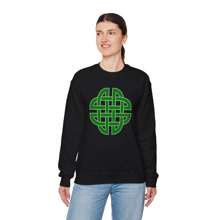 Green Celtic knotwork graphic design on a black sweatshirt.
