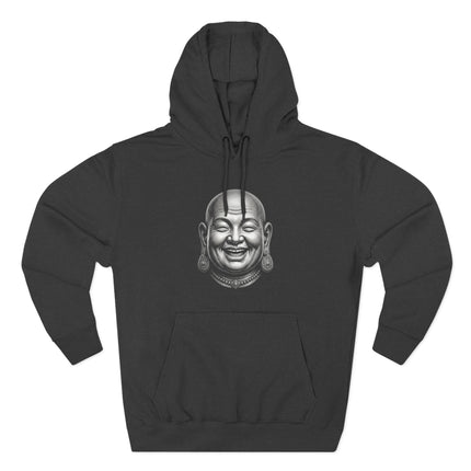 Laughing Buddha Hotei head graphic on a black Zen pullover hoodie.