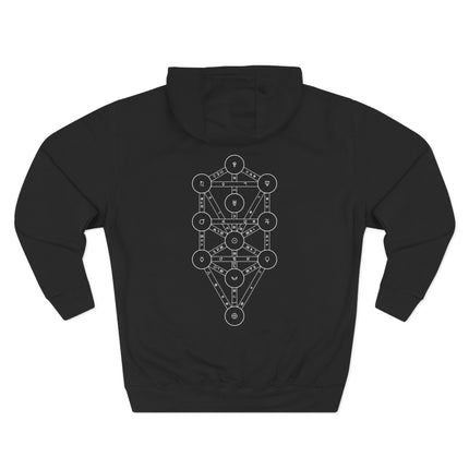 Kabbalah Tree of Life Sephirot diagram printed on a black pullover hoodie.