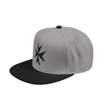 Embroidered Maltese Cross snapback cap in gray. Symbol of the Knights of Malta.