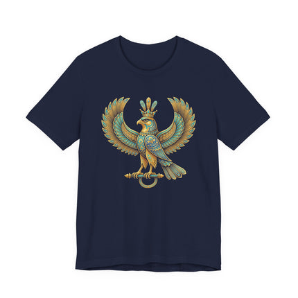 Mythical Persian Shabaz eagle symbol, crowned in gold and turquoise tones.