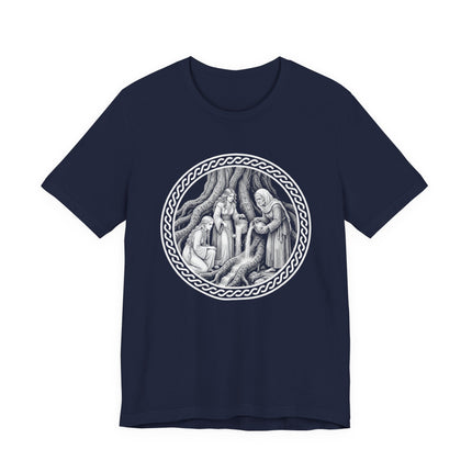 Norns weaving fate beneath Yggdrasil, a detailed Norse mythology graphic design.