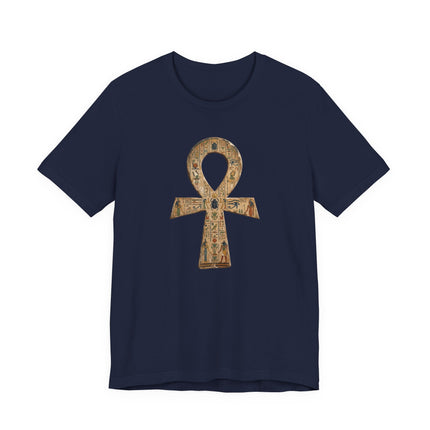 Navy t-shirt featuring an ancient Egyptian Ankh symbol with detailed hieroglyphic art.