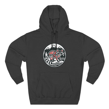 Raccoon Indigenous Art Hoodie | PNW Mountains Forest Wildlife Pullover Hoodie