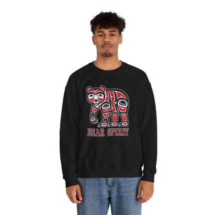Bear Spirit graphic sweatshirt featuring stylized Indigenous art bear design.
