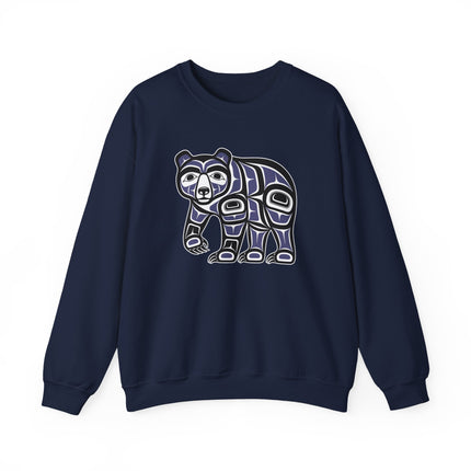 Haida Bear formline art printed on a pullover sweatshirt; native American indigenous style apparel.
