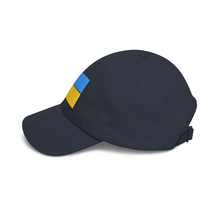 Black baseball cap with embroidered Ukrainian flag for support and pride.