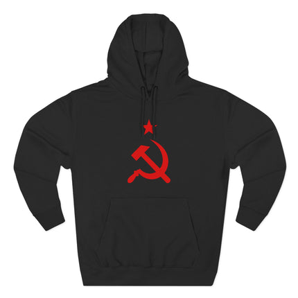 Red hammer and sickle star graphic on black communist socialist pullover hoodie.