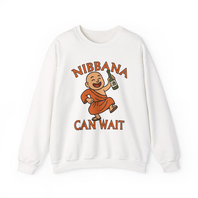 Cartoon monk drinking a can on a white sweatshirt, featuring the humorous text "NIBBANA CAN WAIT.