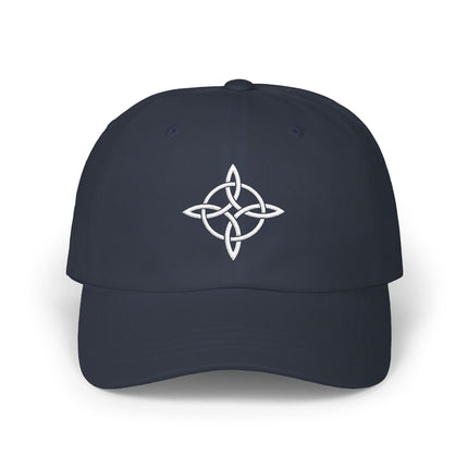 Dark baseball cap featuring white embroidered Celtic Witch's Knotwork design.