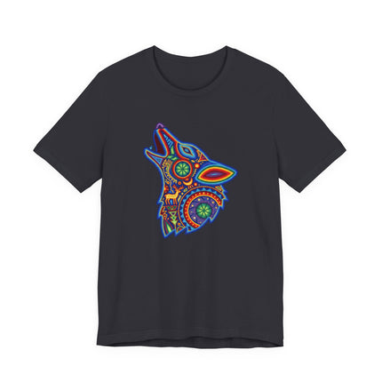 Vibrant Huichol art howling wolf graphic on a black t-shirt, featuring Mexican folk and spirit animal style.