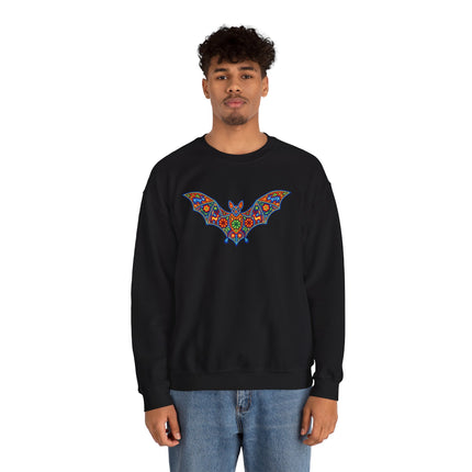 Vibrant Huichol Mexican folk art bat graphic on a black pullover sweatshirt.