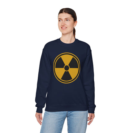 Navy sweatshirt featuring a yellow radiation hazard symbol graphic.