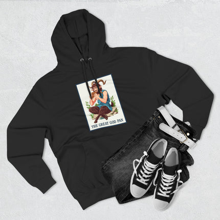 Pan satyr graphic on black hoodie, featuring Greek mythology art of the Great God Pan.