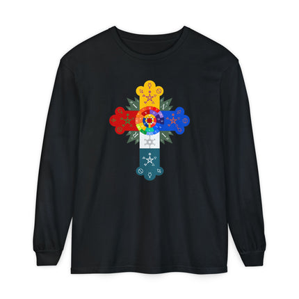 Rosy Cross Long Sleeve T-Shirt | Multicolor Esoteric Symbol Graphic Tee