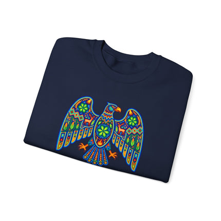 Vibrant Huichol eagle tribal art on a unisex pullover sweatshirt. Colorful Mexican folk style design.