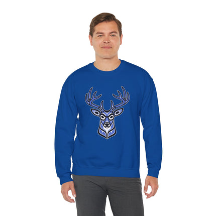 Pacific Northwest tribal deer head art graphic on blue pullover sweatshirt.