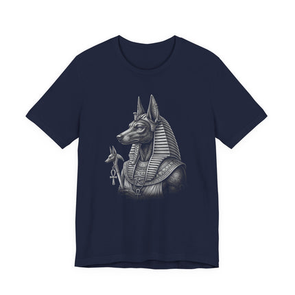 Anubis Egyptian jackal god illustration on a dark t-shirt featuring ancient mythology.