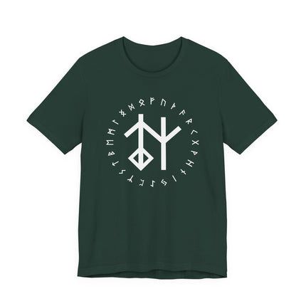 T-shirt featuring a bind rune and surrounding Elder Futhark Norse runes.