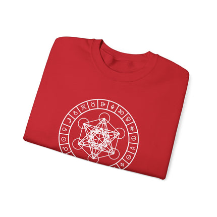 Graphic sweatshirt featuring Metatron's Cube and mystical alchemy symbols design print.