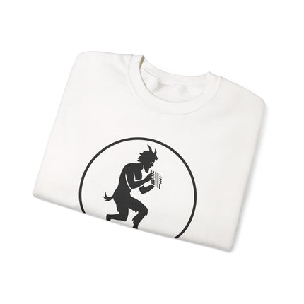 Pan satyr silhouette playing a flute graphic on a white unisex sweatshirt.