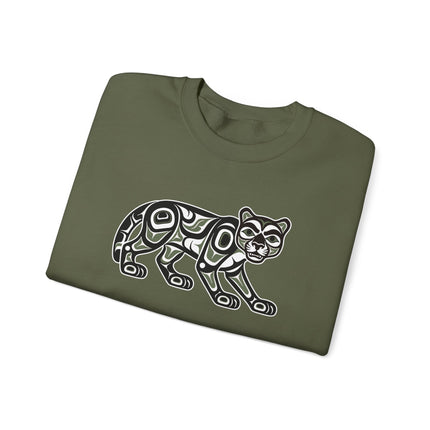Northwest Coast cougar formline art graphic pullover sweatshirt featuring Indigenous design.