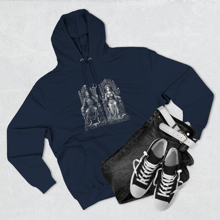 Hades and Persephone on a throne, detailed Greek mythology illustration print on a dark hoodie.