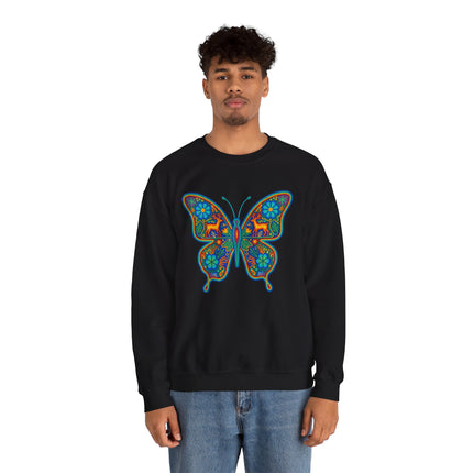 Colorful Huichol butterfly folk art graphic on a black sweatshirt.