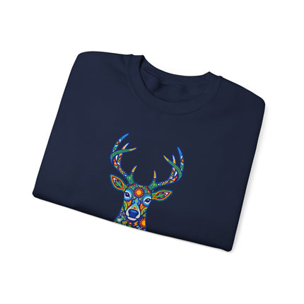 Geometric Huichol deer symbol sweatshirt featuring vibrant Mexican folk art patterns.