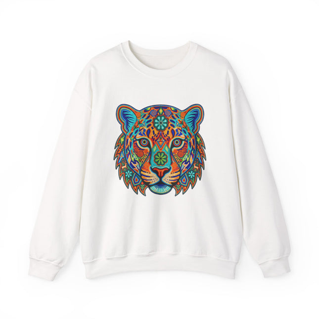 Vibrant Huichol-style jaguar graphic on a white sweatshirt, featuring colorful Mexican folk art print.