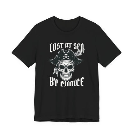 Lost At Sea pirate skull graphic t-shirt design on black apparel.