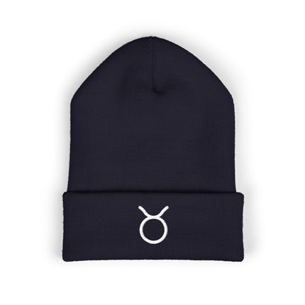 Taurus Symbol Cuffed Beanie | Embroidered White Bull Zodiac Glyph
