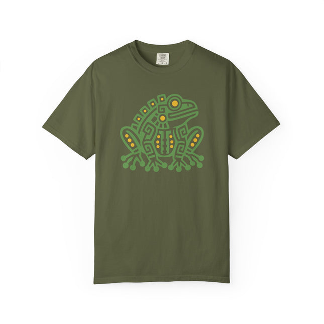 Aztec Frog T-Shirt | Green Geometric Amphibian with Gold Accents Tee