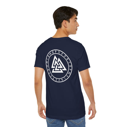 Norse Valknut Runic Back Print T-Shirt | Elder Futhark Rune Circle Viking Tee