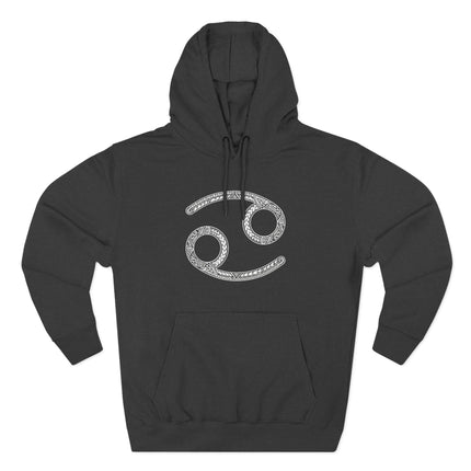 Intricate Cancer zodiac symbol on a black unisex astrology hoodie.