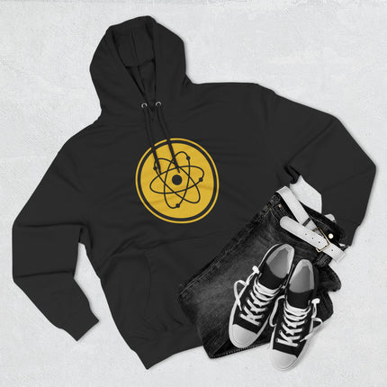 Black science hoodie featuring a yellow atomic symbol graphic. Perfect for physics and chemistry enthusiasts.