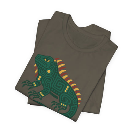 Mayan Iguana T-Shirt | Green Geometric Lizard with Striped Crest Tee