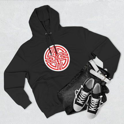 Black pullover hoodie with red Chinese Cai wealth symbol graphic. Prosperity cultural wear.